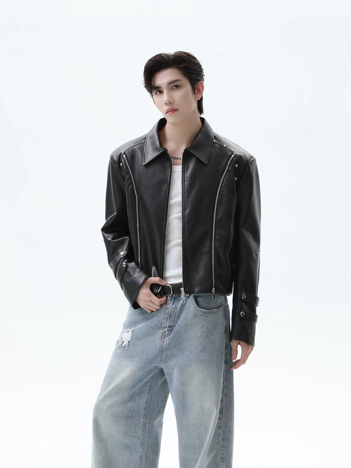 Rivet Tasarımlı Yaka Deri Motosiklet Ceketi 