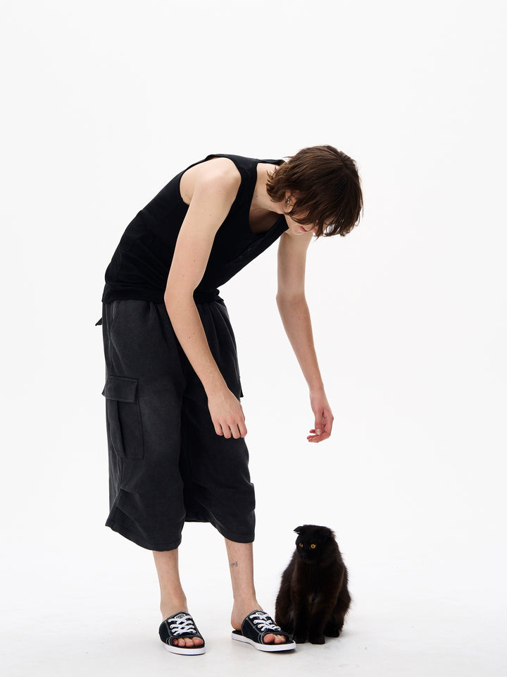 レトロプリーツディストレストクロップドカーゴパンツ 