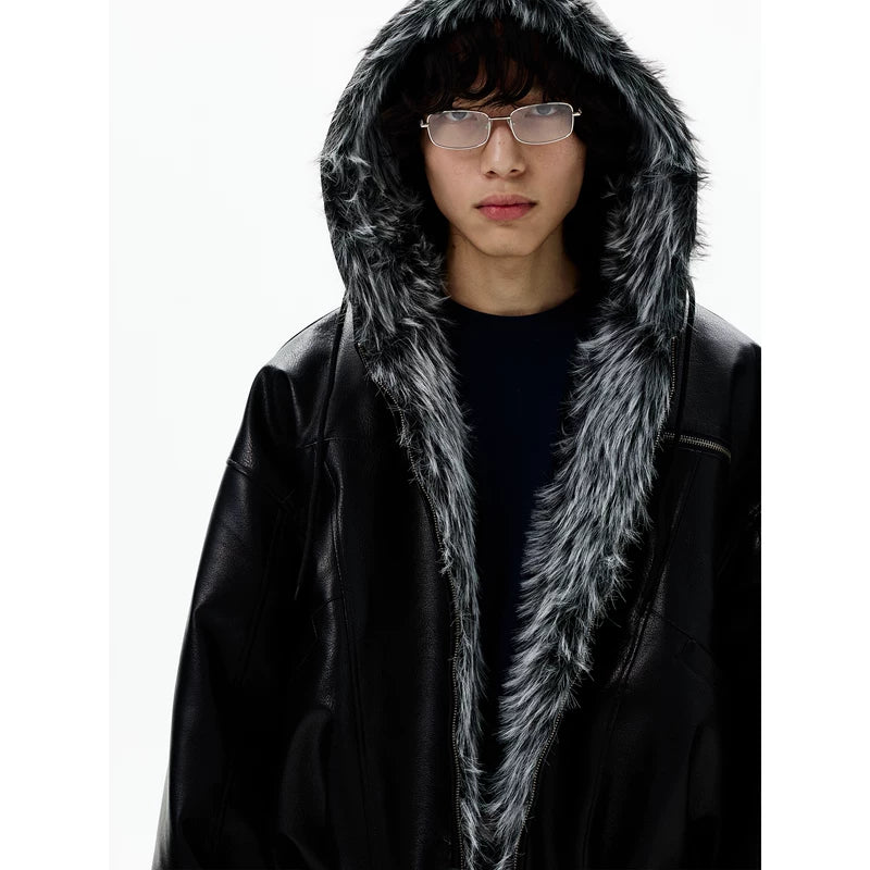 Nepbont Kraag Retro Leren Jas 