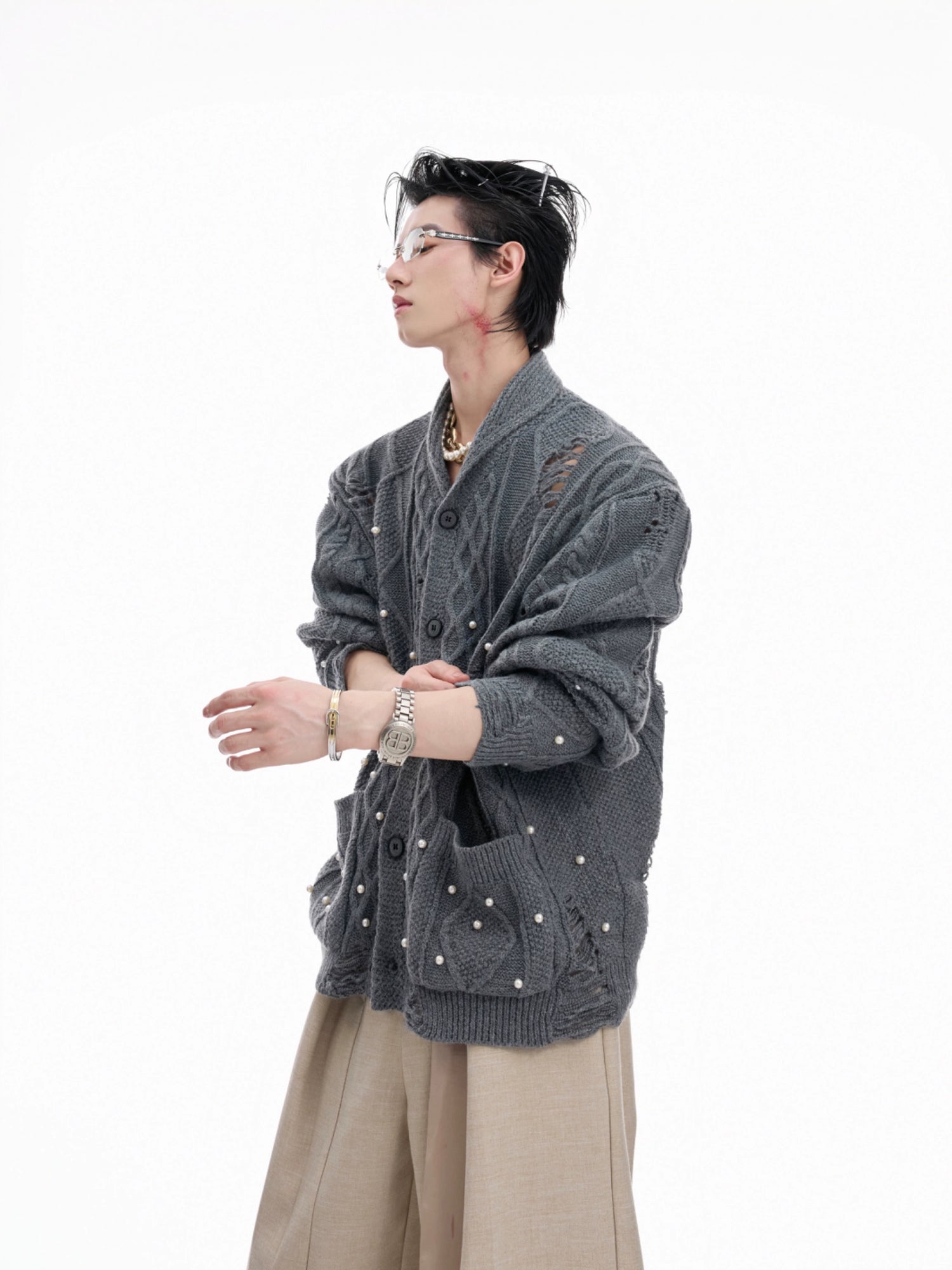 Ripped Knit Pearl Cardigan
