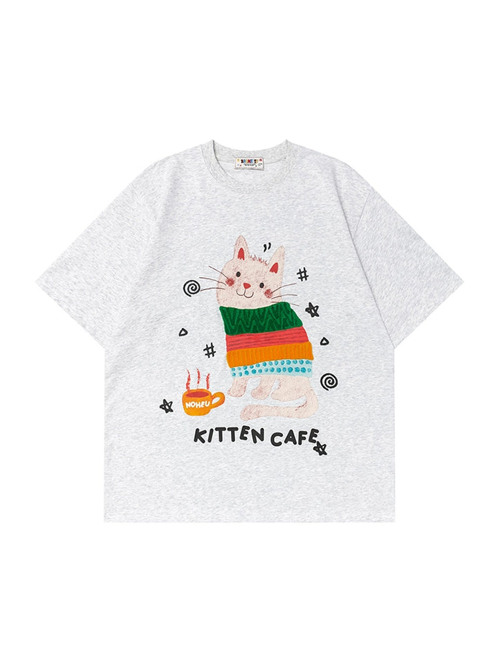 かわいい猫のグラフィックコットンTシャツ 