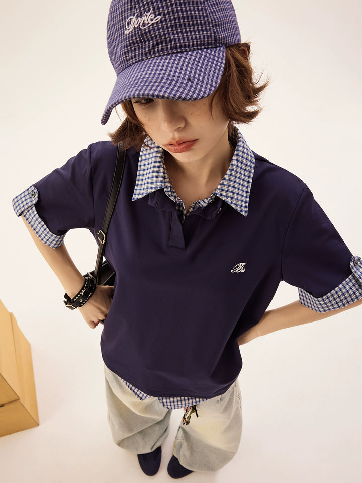 Plaid Stitching Lapel Polo Short Sleeve Shirt