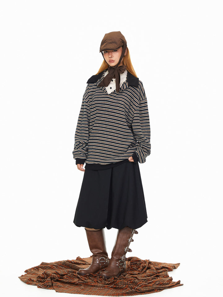 Striped Polo Collar Long Sleeve Hoodie