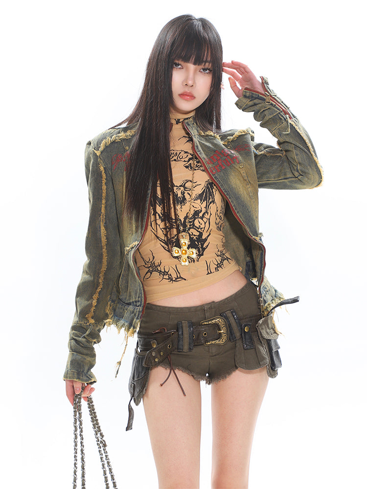 Retro Washed Denim Raw Edge Shorts