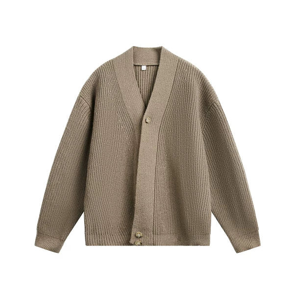 Cardigan en laine à col en V avec bouton diagonal irrégulier 