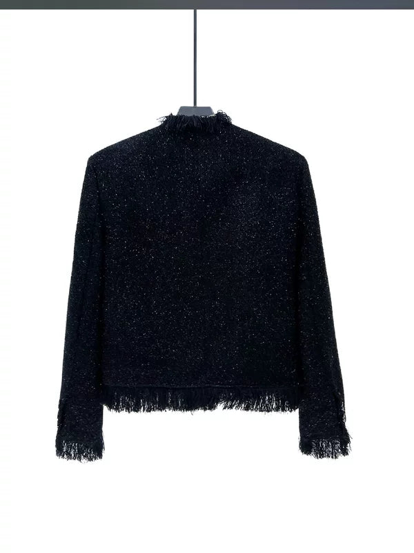 タッセルトリム付きフレイテッドツイードショートジャケット 