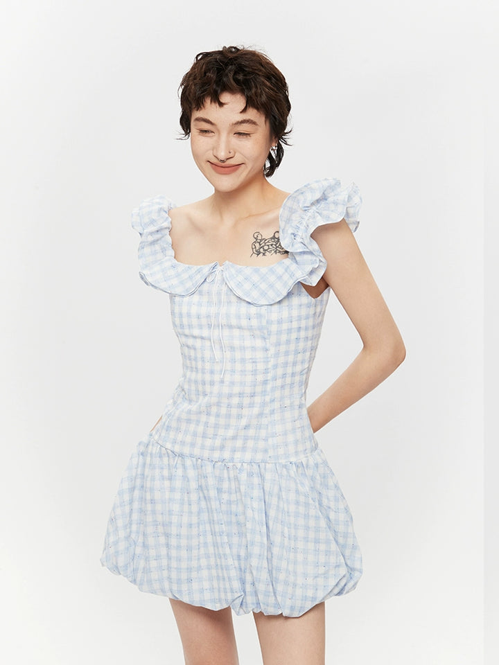 Rutet Off-Shoulder Ruffle Sommerkjole 