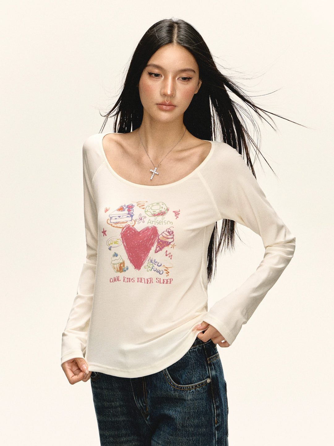 Grafisk U-hals långärmad T-shirt 