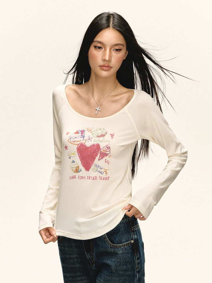 Grafisk U-hals långärmad T-shirt 