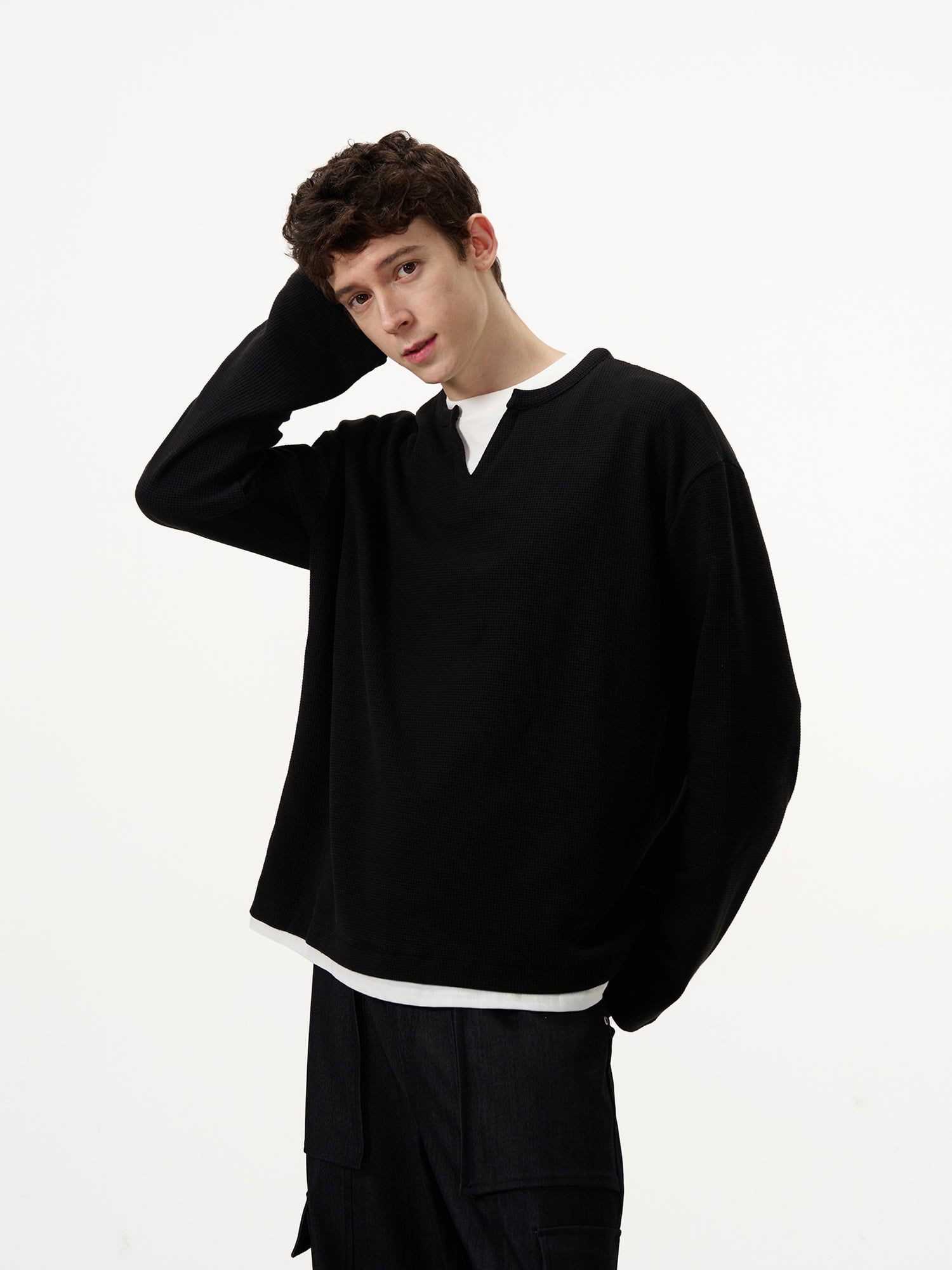 Waffle Layered Long Sleeve Pullover Top