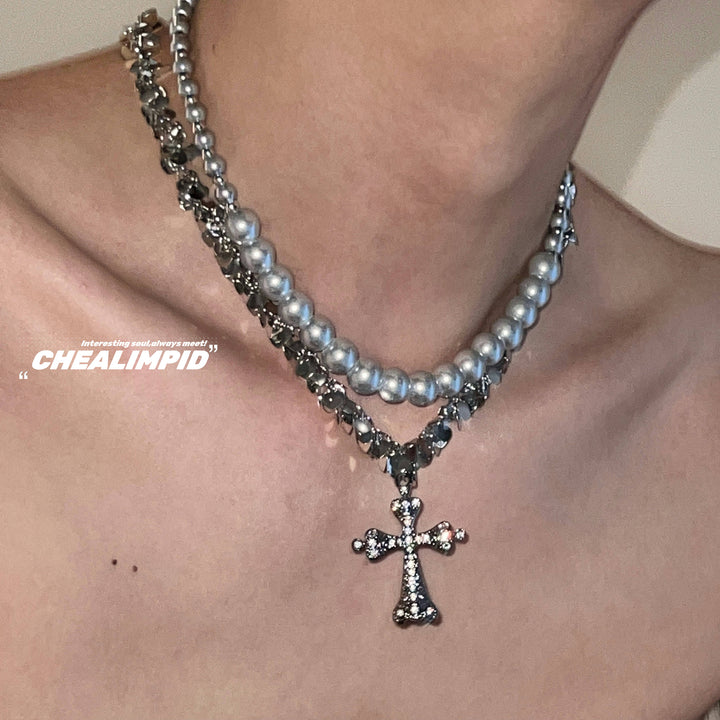 Double-Layer Pearl Sequin Cross Necklace