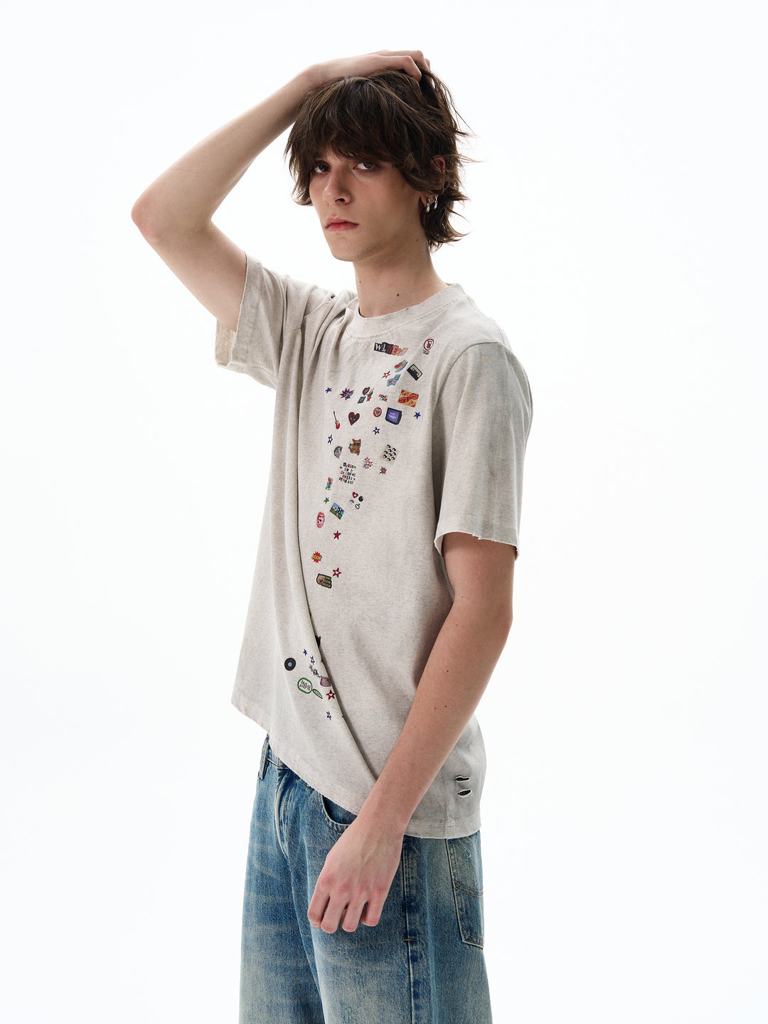 レトログラフィックステッカープリント半袖Tシャツ 