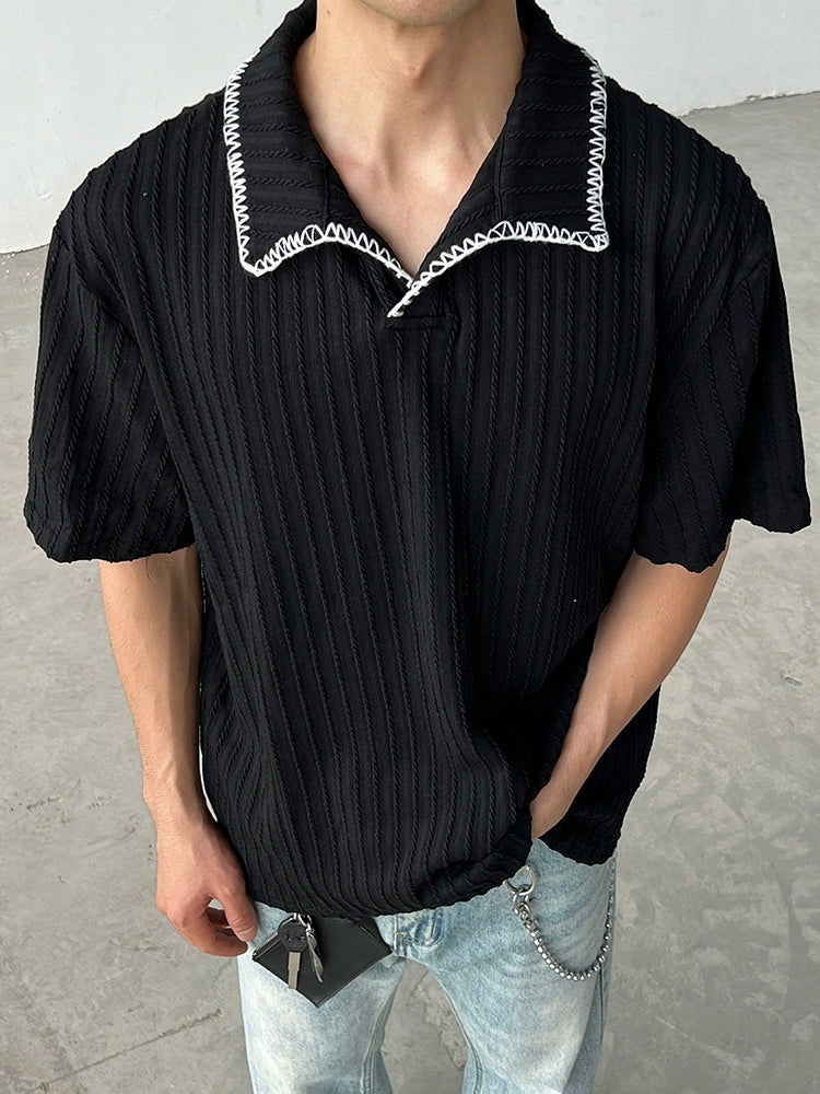 Textured Knit Lapel Short Sleeve Polo Shirt