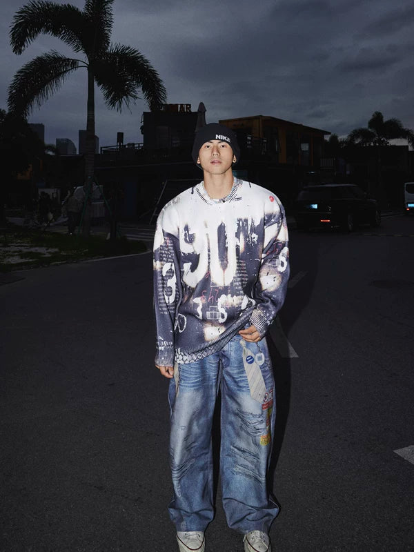 Maglione a maglia con stampa allover Retro Street 