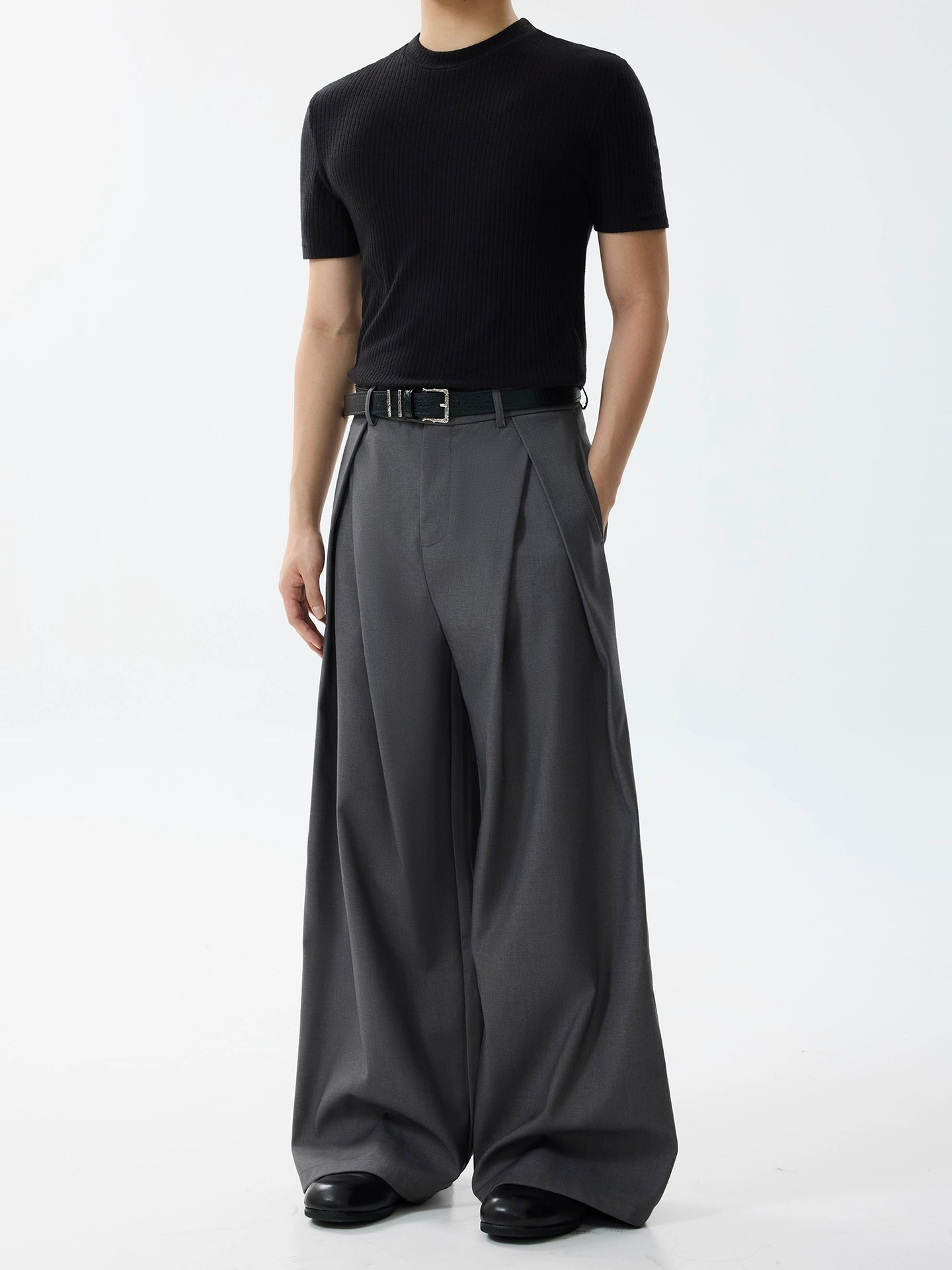 Calças Casuais A-Linha de Perna Larga Plissadas 