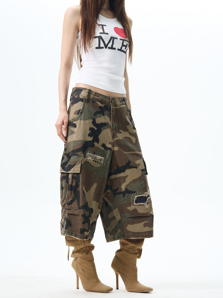 Camouflage Multi-pocket Cropped Pants