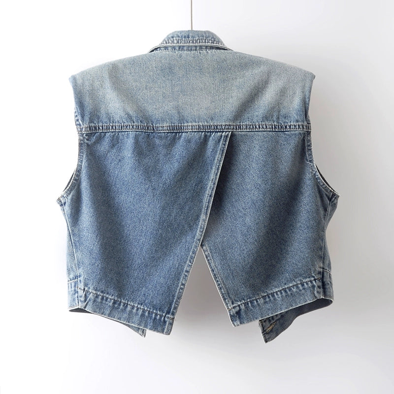 Colete de Denim Sem Mangas com Fenda nas Costas 