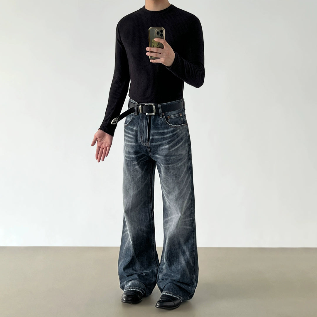 جينز بانتس مستقيم الساق مع حافة مضطربة 