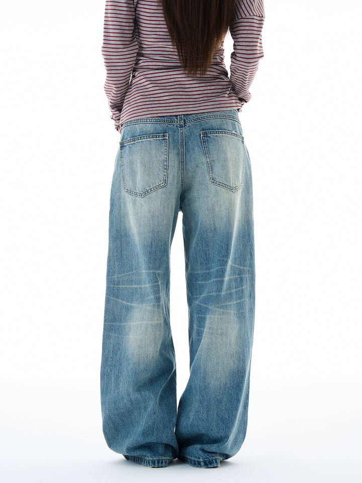 Retro Vaskede Bred Ben Jeans Bukser 