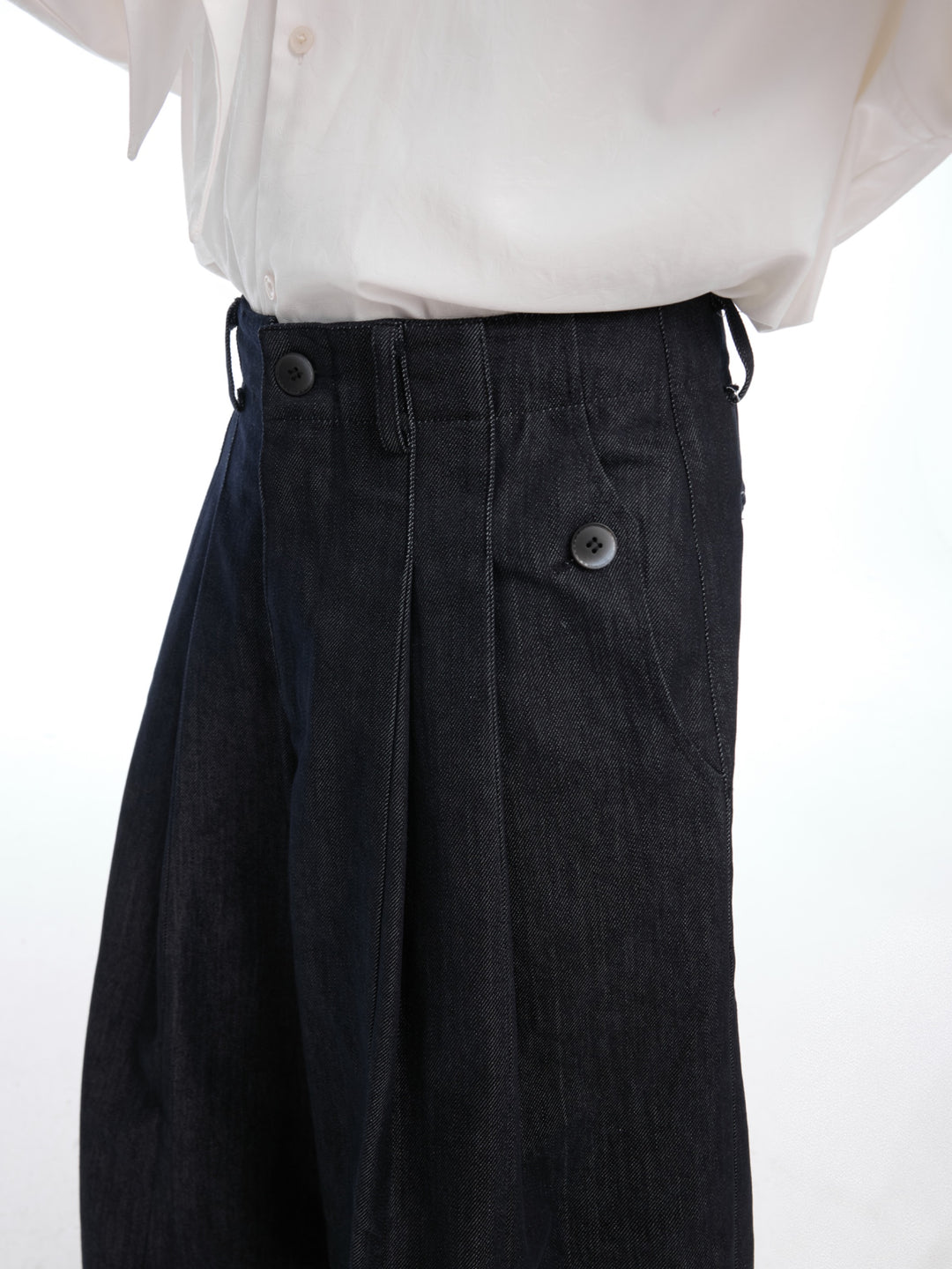Retro Wide-Leg Denim Pleated Pants