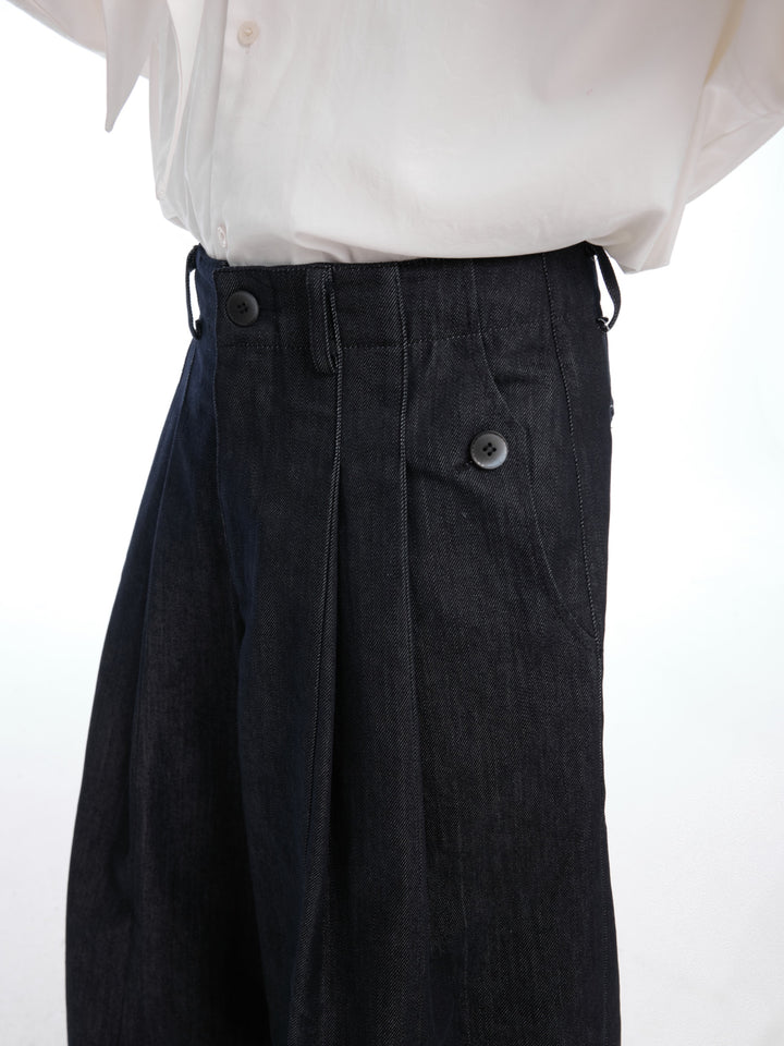 Retro Wide-Leg Denim Pleated Pants