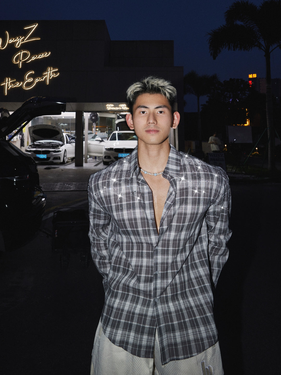 Plaid Rhinestone Long-Sleeve Shirt