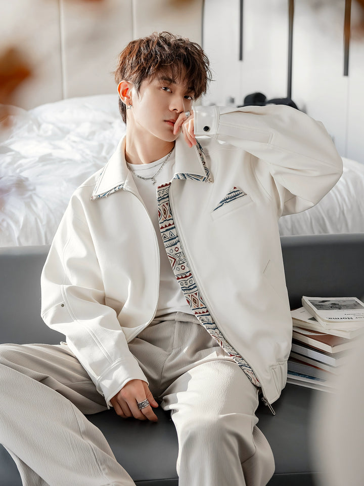 Pattern Trim Zip Up Flight Jacket