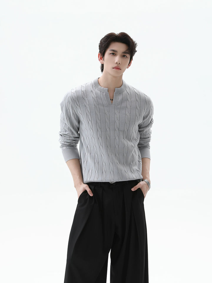 V-Ausschnitt Kabelstrick Pullover 