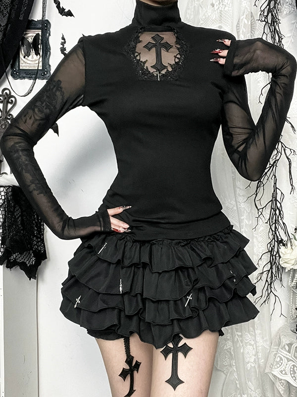 Conjunto de falda y blusa de manga larga de gótico transparente 