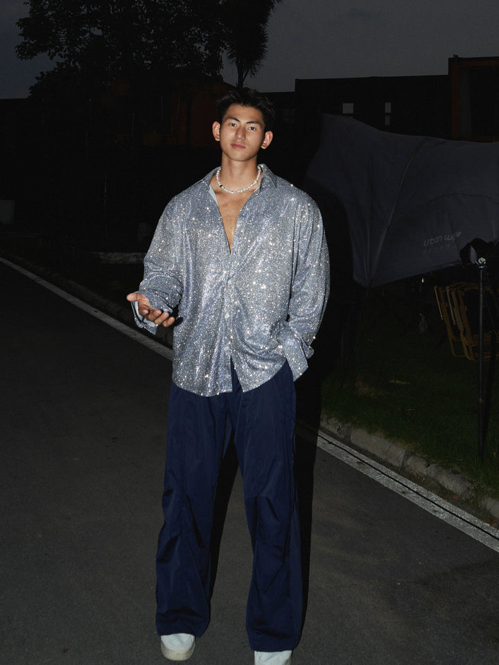Camisa Button-Up Relaxed Fit com Brilho e Brilho 