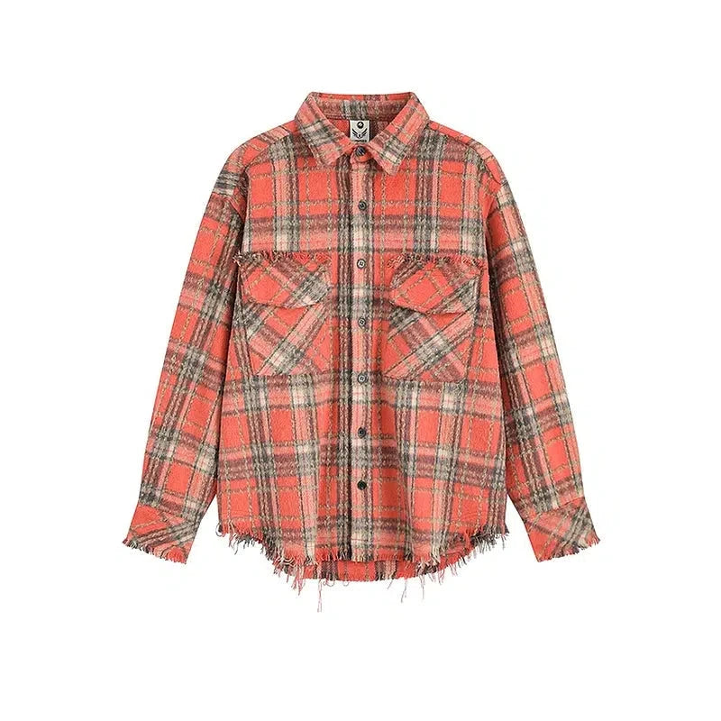 Raw Edge Long-Sleeve Plaid Shirt