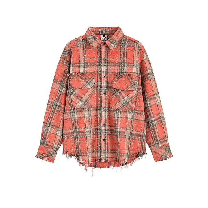 Raw Edge Long-Sleeve Plaid Shirt