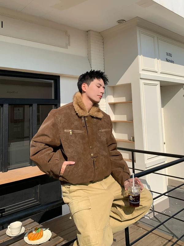 빈티지 양털 칼라 스웨이드 봄버 재킷 