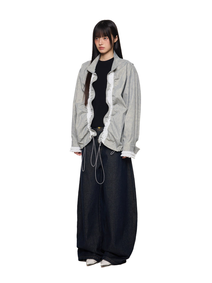 Drawstring Pleated Stand Collar Lace Jacket