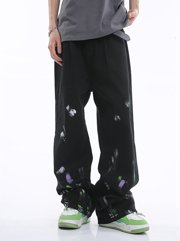 Pantalones de mezclilla de pierna ancha salpicados de tinta 