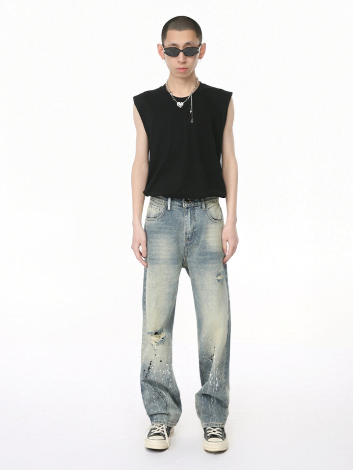 Ripped Ink-Splashed Loose Denim Pants