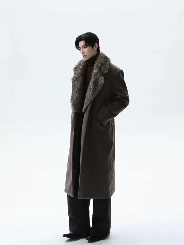 탈부착 가능한 인조 모피 칼라 울 오버코트 