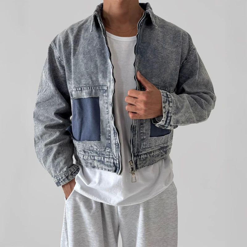 Veste en denim délavé usé avec revers 