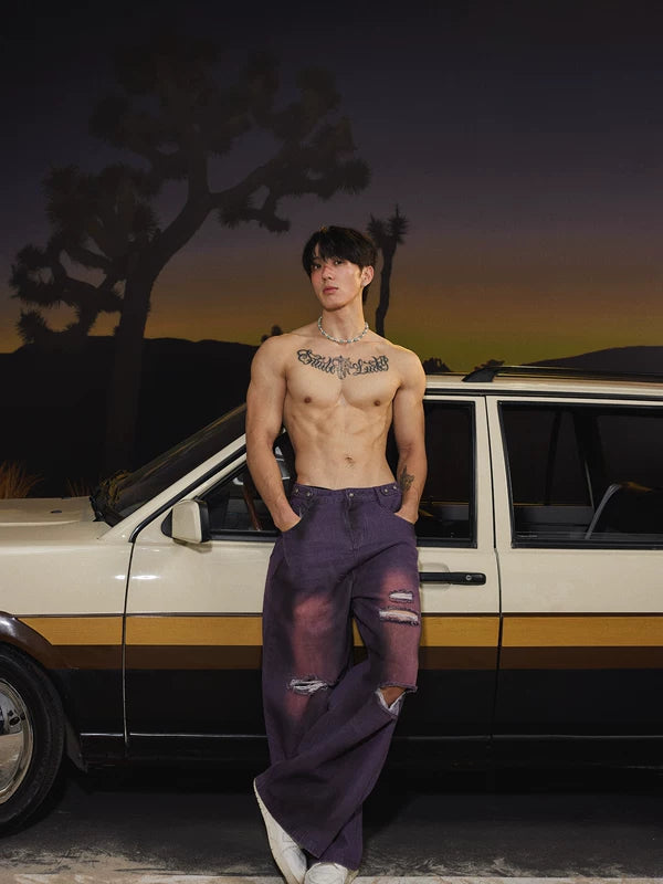 جينز بنطال واسع الساقين بطول الأرض ممزق ومصبوغ 