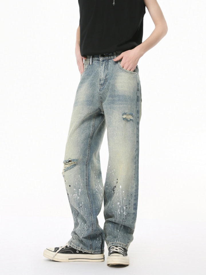 Ripped Ink-Splashed Loose Denim Pants