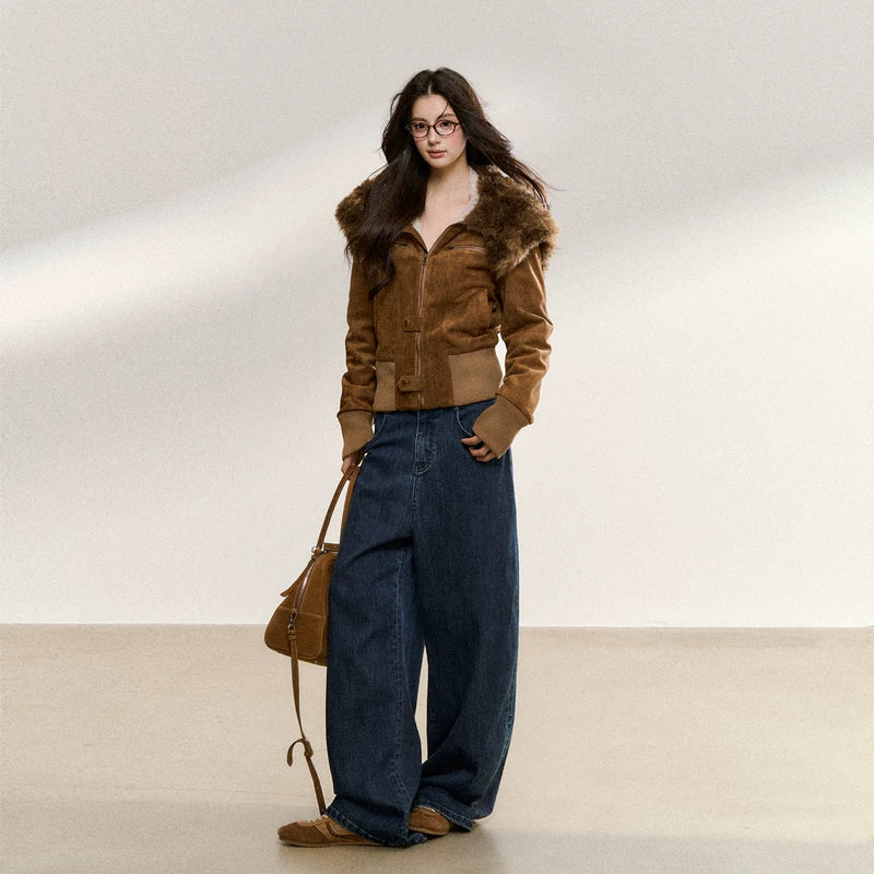 Slim Fit Short Jacket with Fur Collar