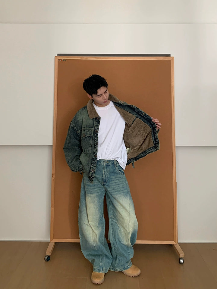 Veste en denim avec col en laine d'agneau 