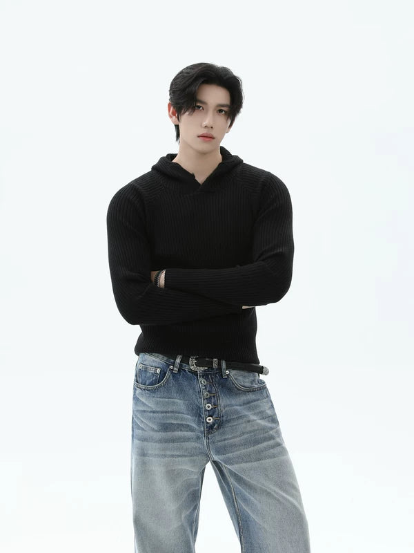 Ribbed Knit Hooded Slim Fit Sweater