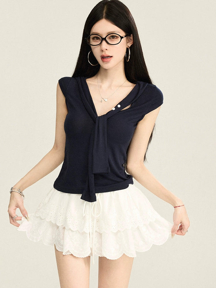 Asymmetrical Shoulder Ribbon Sleeveless Top