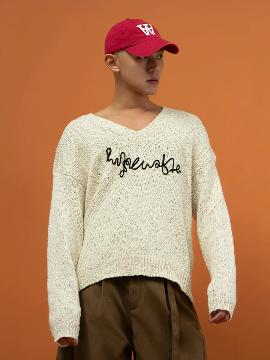 Suéter de punto de cuello en V, ajuste holgado 