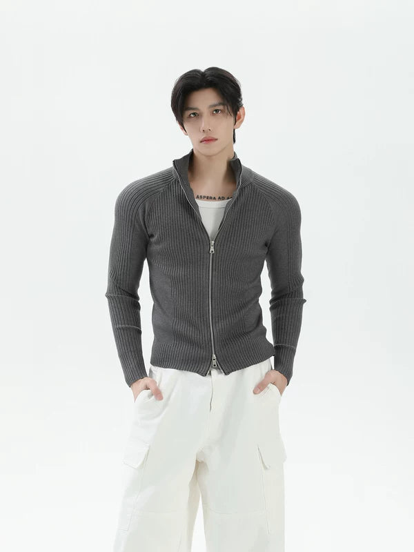 골지 스탠드 카라 슬림 핏 지퍼 가디건 