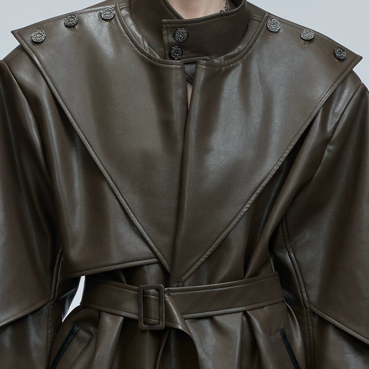 Deconstructed Stand Collar Leather Trench