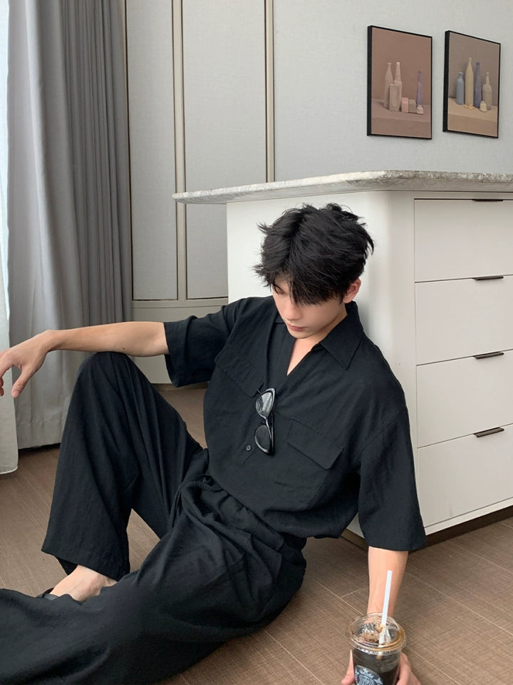 Leinen Kurzarmhemd und Hosen Set 