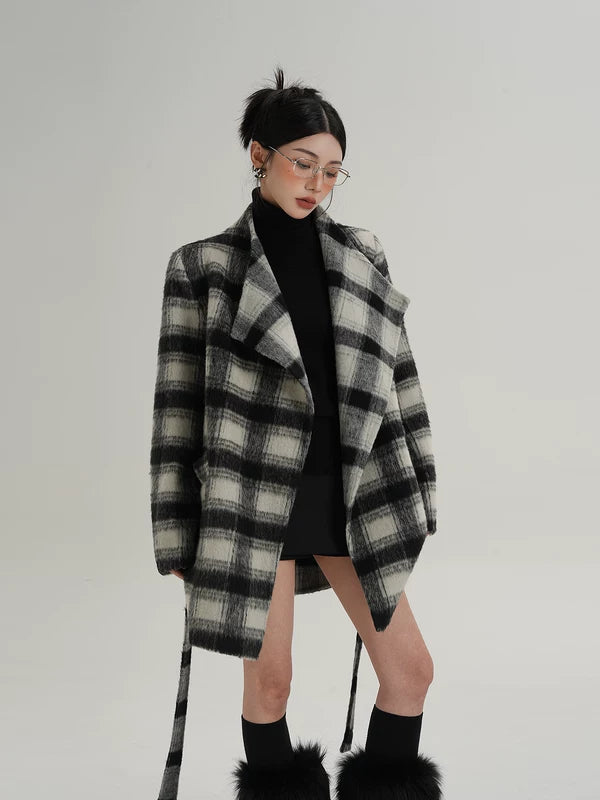 Manteau en laine à carreaux avec ceinture mi-long 