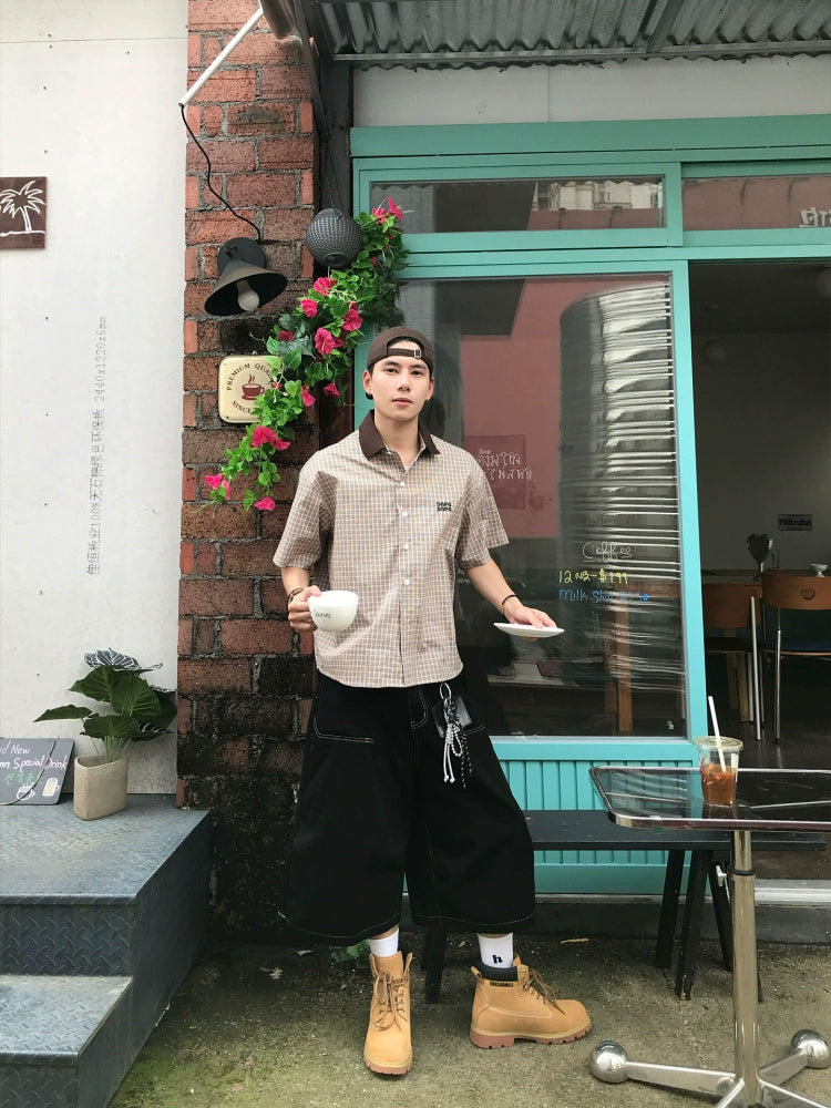 チェックのコントラストラペル半袖シャツ 